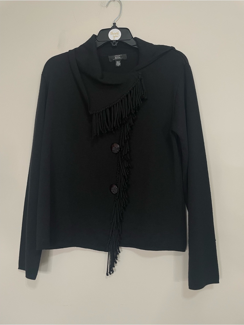 Fiore Bella. Black Fringe Button-Front Cardigan Sweater
Sz Small  Dressy Casual